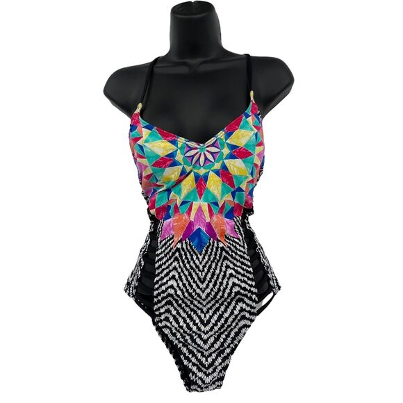 Bar III Swimsuit Prism Monokini Black White Color Cut out Plunge 1 Piece Med - Picture 2 of 6